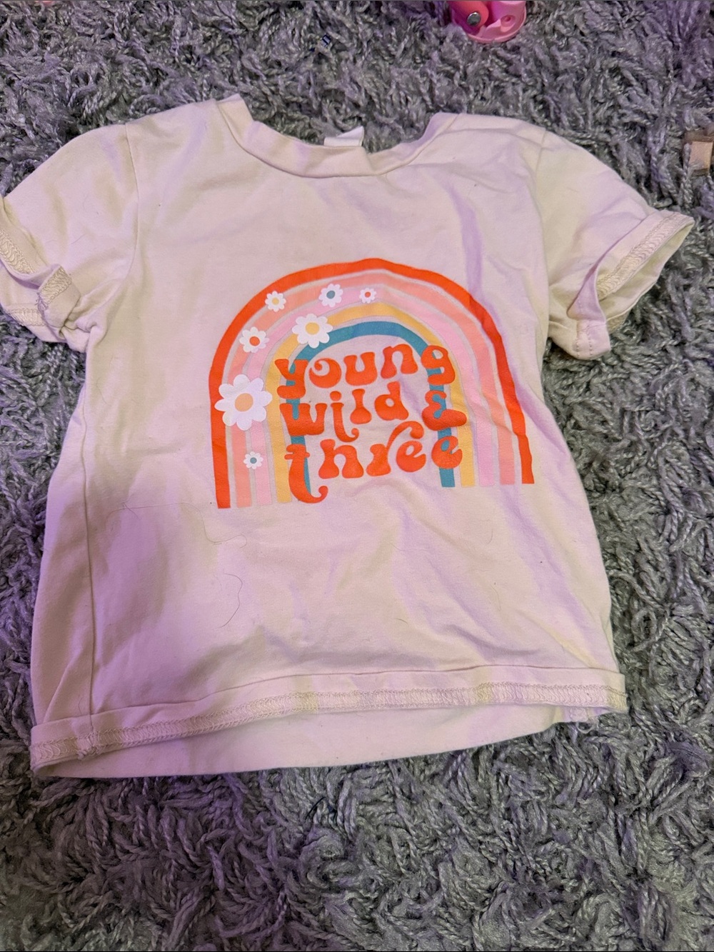 Amazon Essentials Pink Tee with Rainbow 'Young Wild & Free' Graphic